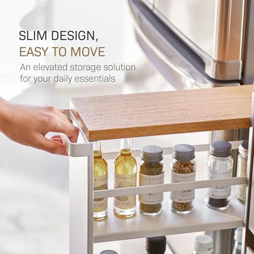 YAMAZAKI home Tower Rolling Slim Storage Cart With Handle White | Narrow kitchen storage cabinet with built-in handle. Slim rolling storage cart with wheels. Easy assembly. Keeps items tidy. - color: White