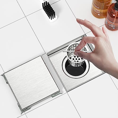 Neodrain 4" Brushed Square Shower Drain with Removable Tile Insert Grate | 304 Stainless Steel Tile Square Drain, Hidden Drain,Easy to Clean, Waterproof & Sturdy Shower Drain, CUPC Certified - color: Brushed, size: 4 IN
