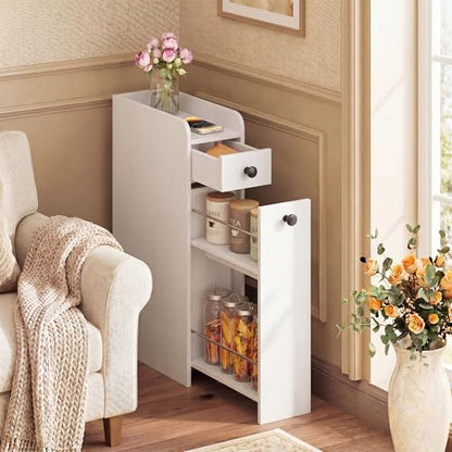 COSTWAY Slim Bathroom Cabinet, Freestanding Narrow Organizer, White | 7" Wide Space-Saving Storage with 2-Tier Slide-Out Drawer, Shelf & Toilet Paper Holder, for Bathroom, Laundry & Small Spaces - color: White