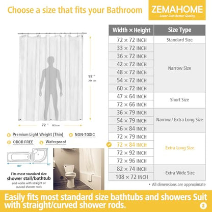 ZEMAHOME Extra Long Clear Plastic Shower Curtain Liner - Lightweight 72" x 84" Transparent Bathroom Shower Showroom Curtain Liner with Rustproof Metal Gromments and Weighted Magnet - color: A01-clear, size: 72"W x 84"L (Pack of 1)