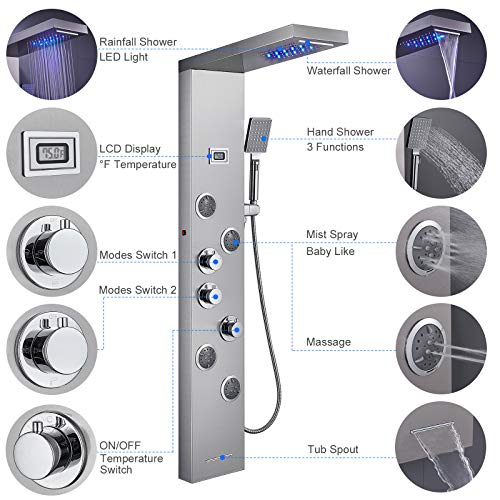 6-in-1 LED Shower Panel Tower System Stainless Steel Brushed Nickel | Rainfall + waterfall head | Massage jets | Handheld shower | Tub spout | LED display | Wall mount - color: Brushed Nickel