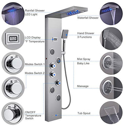 6-in-1 LED Shower Panel Tower System Stainless Steel Brushed Nickel | Rainfall + waterfall head | Massage jets | Handheld shower | Tub spout | LED display | Wall mount - color: Brushed Nickel