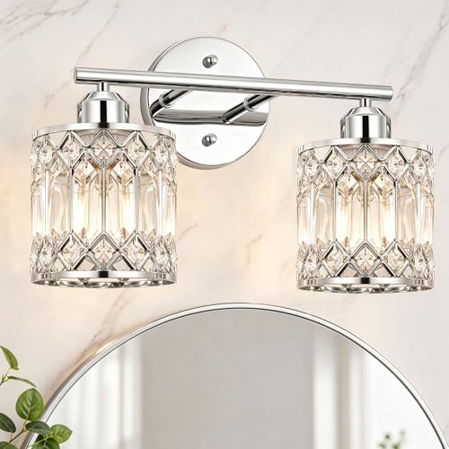 Lxybcce 2-Light Bathroom Vanity Light, 14 in Modern Crystal Bathroom Lighting Fixtures Over Mirror, E26 Hardwired Bathroom Wall Sconce, Chrome - color: Chrome, size: 14in