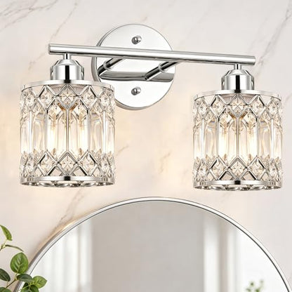 Lxybcce 2-Light Bathroom Vanity Light, 14 in Modern Crystal Bathroom Lighting Fixtures Over Mirror, E26 Hardwired Bathroom Wall Sconce, Chrome - color: Chrome, size: 14in