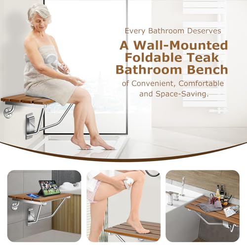 20" Wall Mounted Folding Shower Seat Stainless Steel Frame Space Saving | Teak Foldable Shower Chair for Elderly, Pregnant, Disabled, Kids (Max 500lb) - size: 20 inches Teak shower bench