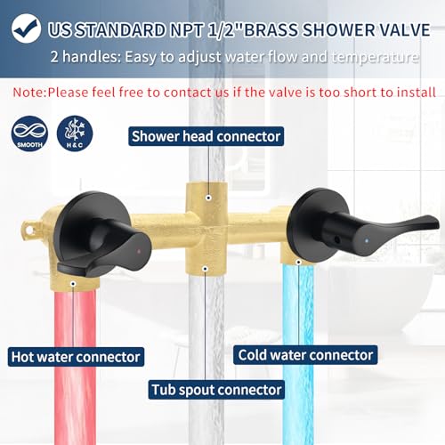2 Handle Shower Faucet Set with Tub Spout and Shower Head Combo, Matte Black, Wall Mounted, 2 Handles, Brass, Complete Bathtub Shower Trim Kit - color: Matte Black