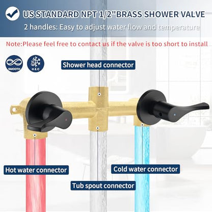 2 Handle Shower Faucet Set with Tub Spout and Shower Head Combo, Matte Black, Wall Mounted, 2 Handles, Brass, Complete Bathtub Shower Trim Kit - color: Matte Black