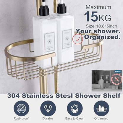 SonTiy Rain Shower Head System with Handheld Spray, 360° Adjustable Shower Arm Exposed Showerhead Kit with Caddy for Whole Family, Brushed Gold - color: Brushed Gold, style: 2.5 Gallons Per Minute-Square