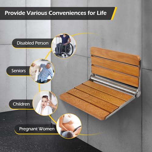 Dyna-Living Folding Shower Seat Wall Mounted Fold Down Shower Seat 400 lbs Load-Bearing Shower Bench Seat Wall Mounted Shower Chair Foldable Wooden Shower Seat for Inside Shower for Elderly