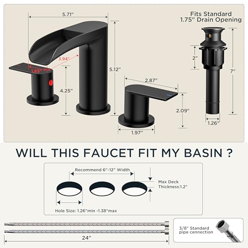 FORIOUS Bathroom Faucet 3 Hole Widespread Sink 8 Inch 2 Handle Matte Black | 3-hole 6-12 Inch Widespread Sink, Waterfall Faucets, with Drain and Hoses,for Vanity Rv Commercial Lavatory Restroom Basin - color: Matte Black
