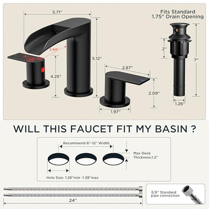 FORIOUS Bathroom Faucet 3 Hole Widespread Sink 8 Inch 2 Handle Matte Black | 3-hole 6-12 Inch Widespread Sink, Waterfall Faucets, with Drain and Hoses,for Vanity Rv Commercial Lavatory Restroom Basin - color: Matte Black
