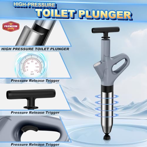 High Pressure Toilet Plunger, Heavy Duty Plunger for Bathroom(Grey) | High Pressure Air Drain Blaster Toilet Plunger with Real-Time Pressure Gauge, Heavy Duty Toilet Unclogger for Bathroom Clogs - color: Grey