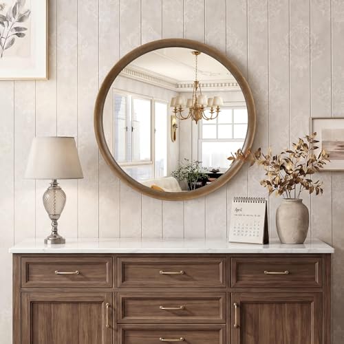 Brakki Round Wall Mirror with Wood Frame, 24" Circle Mirror for Bathroom | HD Shatterproof Glass, Hanging or Leaning, Wall Mounted Decor, for Bedroom Entryway Vanity Living Room, Walnut