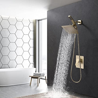 G-Promise Rain Shower Head and Handle Set for Modern Bathroom Upgrade | All Metal, Built to Last, Including the Required Accessories, Modern Upgrade, Extra Flexible Long Lose - color: Brushed Gold