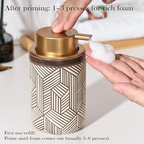 Brown Foaming Soap Dispenser,Ceramic Foam Soap Dispenser for Bathroom&Kitchen,12oz Foam Dispenser with Plastic Gold Pump(Unique&Modern) - color: Chestnut Brown