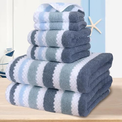VOOVA & MOVAS Stripe 6PC Towel Set, Cotton Blend, Blue Gray White | 2 Bath 30x56 In, 2 Hand 16x27 In,2 Washcloths 13x13 In, Quick Dry, 540GSM, With Hanging Loops - color: Blue-gray and White, size: 6 PC Bathroom Towel Set