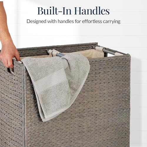 Best Choice Products Large Double Laundry Hamper with Lid, Natural Handwoven Water Hyacinth, 2 Sections w/ 2 Machine Washable Linen Liner Bags, Portable, Handles - Gray - color: Gray
