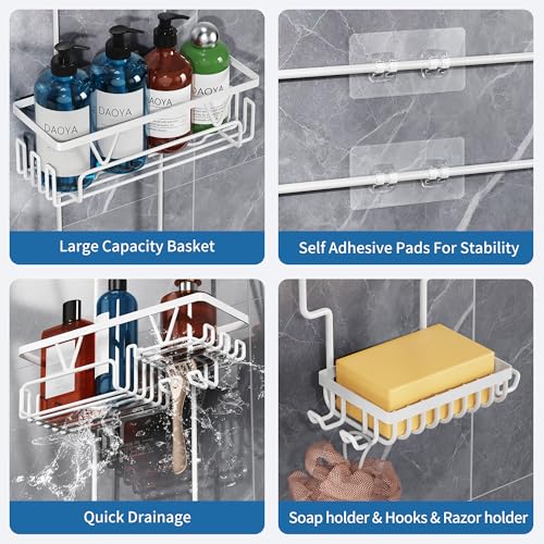 DAOYA Over the Shower Head Caddy, White Shower Caddy Hanging, 3 Tier Anti-Swing Bathroom Organizer with Soap Holder & Hooks - color: White, size: XL