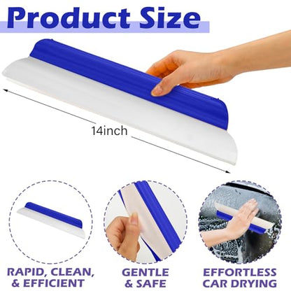 2 Pack 14 Inch Car Drying Squeegee Blue Longer Silicone Water Squeegee Window Shower Blade Automotive Squeegees Flexible Auto T-bar Rubber Squeegees for Car Windshield Glass Bathroom Wash Tool - color: Blue