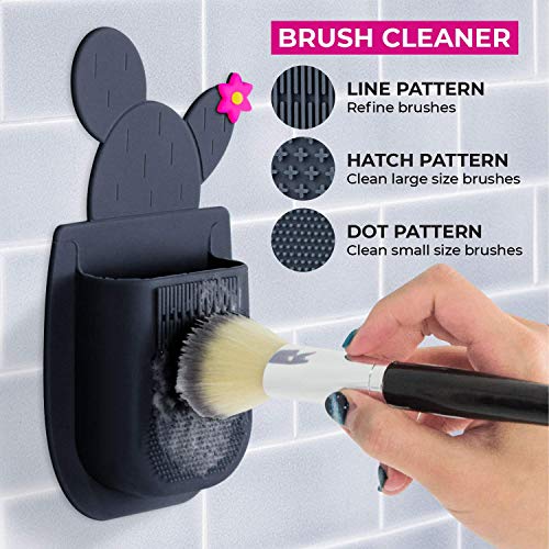 Lindo SiliPocket Silicone Makeup Brush Holder - Toothbrush Holder, Included Brush Cleaning Pad, Extra Strong Self-Adhesive Sticks Easy to Mirrors (Dark Gray) - color: Gray