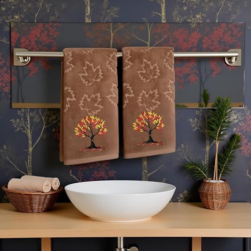 2 Pack Fall Hand Towel Jacquard Embroidered Cotton Kitchen Towels Farmhours Thankful Bath Towels Set Thanksgiving Bathroom Decor (Brown Tree of Life, 2*Hand Towel) - color: Brown Tree of Life