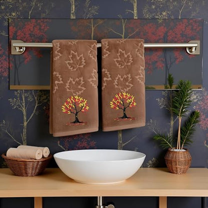 2 Pack Fall Hand Towel Jacquard Embroidered Cotton Kitchen Towels Farmhours Thankful Bath Towels Set Thanksgiving Bathroom Decor (Brown Tree of Life, 2*Hand Towel) - color: Brown Tree of Life