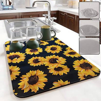 Sunflower Kitchen Decor,Absorbent Dish Drying Mat ,Rubber drying Mat For Kitchen Counter,Easy Clean Dish Drainer Pad (sunflower) (12*16inches) - size: 12" x 16"