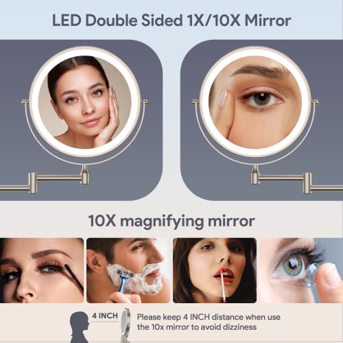 Rechargeable Wall Mounted Lighted Makeup Mirror, 8 Inch Double-Sided LED Vanity Mirror 1X/10X Magnification,3 Color Lights Touch Screen Dimmable 360°Swivel 13 Inch Extendable - color: 8 Inch Nickel