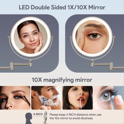 Rechargeable Wall Mounted Lighted Makeup Mirror, 8 Inch Double-Sided LED Vanity Mirror 1X/10X Magnification,3 Color Lights Touch Screen Dimmable 360°Swivel 13 Inch Extendable - color: 8 Inch Nickel