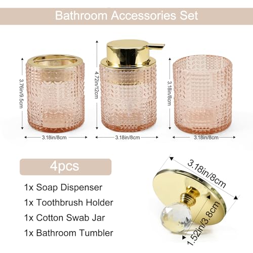 DASITON Bathroom Accessories Set,4Pcs Glass Bathroom Counter Set with Foaming Soap Dispenser,Toothbrush Holder,Bathroom Tumbler,Cotton Swab Jars, for Vanity Bathroom Decor (Pink) D1102 - style: Pink