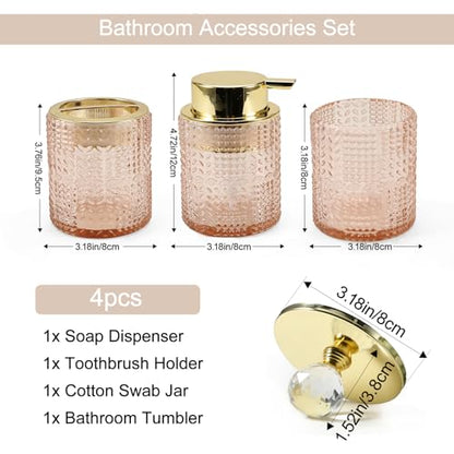 DASITON Bathroom Accessories Set,4Pcs Glass Bathroom Counter Set with Foaming Soap Dispenser,Toothbrush Holder,Bathroom Tumbler,Cotton Swab Jars, for Vanity Bathroom Decor (Pink) D1102 - style: Pink