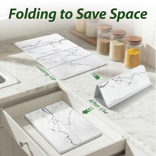 Large Stone Drying Mat for Kitchen Counter, 24"x16" Collapsible Quick Dry Dish Drying Mat, Water-Absorbent Marble Diatomaceous Earth Mats for Bottles Cups Dishes, Match Any Countertop - color: 4-fold White