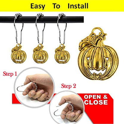 Set of 12 Halloween Smiling Pumpkins Shower Curtain Hooks Ring Stainless Steel Rustproof Bathroom Kids Room Fashion Home Decor (Gold) - color: Gold