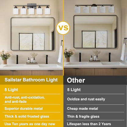 5-Light Bathroom Light Fixtures Over Mirror, Matte Black Vanity Lights, Modern Bathroom Vanity Light, Glass Shade & Anti-Rust Nickel Finished, Bathroom Light for Small Space - color: Black-5 Light