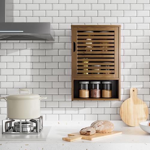 HITNET Medicine Cabinet, Wall Hanging Cabinet with Adjustable Shelf, Bathroom Storage Organizer Over the Toilet with Single Door and Open Bottom Shelf, Walnut - color: Walnut
