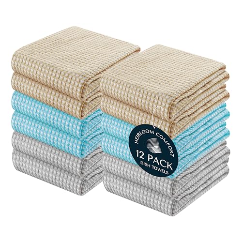 12 Pack 100% Cotton Multi Dual Waffle Weave Kitchen Towels, 16x26 Inch, Super Absorbent, Quick Dry Towel Set, Soft Hand Towels for Cleaning, Durable - Beige, Turquiose Blue, Grey - color: Beige, Turquiose Blue, Grey, size: 16 x 26 - Pack of 12