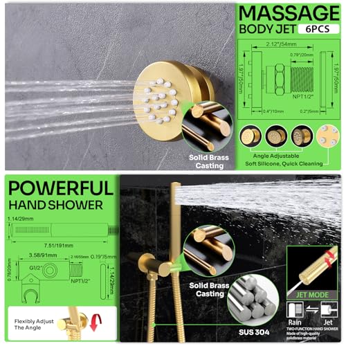 HOMEDEC 16" Round Rain Shower System with Dual 6" Wall Shower Head, 5 Way Shower Valve with 2-Function Handheld Shower and Massage Jets, Brushed Gold - color: Brushed Gold, style: 5-Way + 2x 6" Top