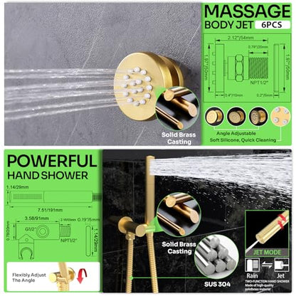 HOMEDEC 16" Round Rain Shower System with Dual 6" Wall Shower Head, 5 Way Shower Valve with 2-Function Handheld Shower and Massage Jets, Brushed Gold - color: Brushed Gold, style: 5-Way + 2x 6" Top
