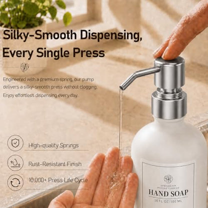 Fachixy White Glass Soap Dispenser 2 Pack, 16 Fl Oz, 14 Waterproof Labels | Leak-Resistant Stainless Steel Pump, Non-Slip Pad, Hand & Dish Soap Dispenser Bottles Set for Kitchen and Bathroom - color: Off-white