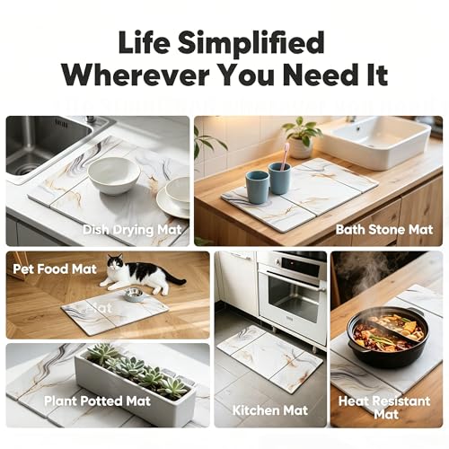 Stone Drying Mat for Kitchen Counter, Quick Diatomaceous Earth Mats for Dishes, 24"L x 16" W Super Absorbent Fast-Drying Collapsible Countertop Stone Mat (Marble White-08, 24" x 16") - color: Marble White-08