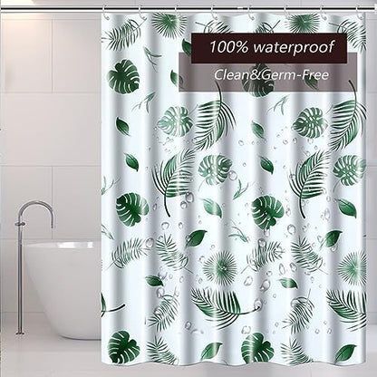 TIKABC Shower Curtain Liner, 4G PEVA Green Leaf Shower Liner, Plastic Waterproof Shower Curtains, 72x72 inch with Grommet Holes 3 Magnetic Weights - color: White-green Leaf