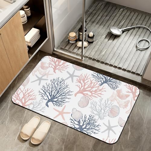 Bath Mat,Starfish Seashell Coral Bathroom Rugs,Quick-Drying Non-Slip Rubber Bath Mats Ocean Absorbent Diatomaceous Earth Mat for Bathroom Home Decor 17"x29.5" - color: Starfish Seashell Coral,ocean