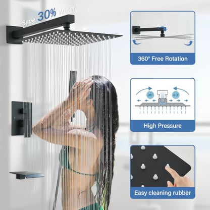 Matte Black Shower System with Tub Spout,All Metal Bathtub Shower Faucet Set With 10-Inch High Pressure Rainfall Head and Handheld Sprayer,Wall Mount for Bathroom Remodel - color: Matte Black, size: 10" with spout