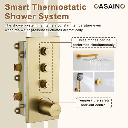 CASAINC 12 Inch Rain Shower Head with Handheld, Brushed Gold Thermostatic Shower System, Wall Mount Rainfall Shower System with Body Jets, 3-Functions Shower System with Thermostatic Valve - color: Brushed Gold, style: Style A