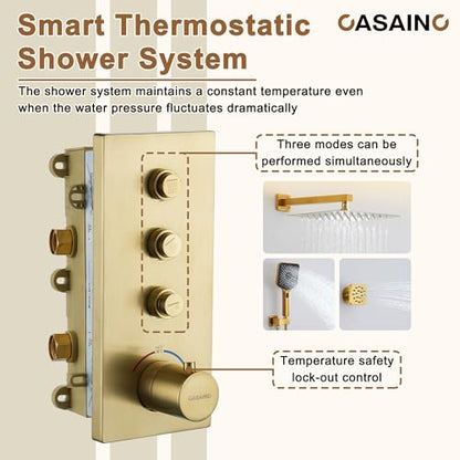 CASAINC 12 Inch Rain Shower Head with Handheld, Brushed Gold Thermostatic Shower System, Wall Mount Rainfall Shower System with Body Jets, 3-Functions Shower System with Thermostatic Valve - color: Brushed Gold, style: Style A