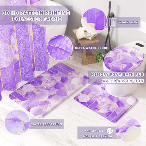 XLHOMO Bathroom Set - 26PC Bathroom Set with Shower Curtain and Rugs, Bathroom Accessory Set, Purple Bathroom Accessories Set, Trash Can & Soap Dispenser - style: Purple&Gold