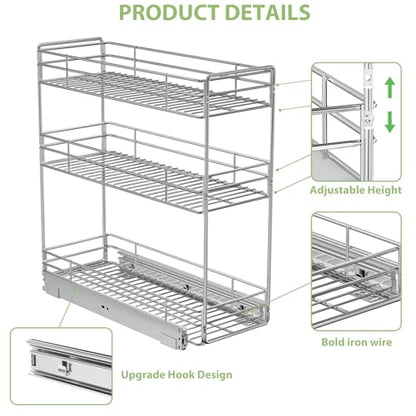 Pull Out Spice Rack Cabinet Organizer 8½" W x 20½" D, 3 Tier Heavy Duty Sliding Spice Cabinet Organization for Narrow Cabinet, Pull Out Shelves for Kitchen - size: 8½" W X 20½" D,3 Tier