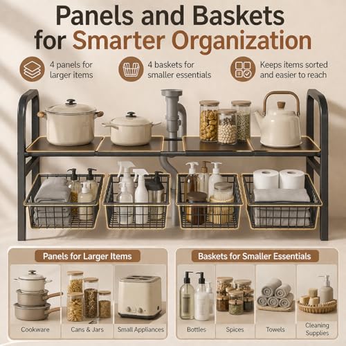 2 Tier Expandable Under Sink Organizer, 26.8 to 35.8 Inches Wide Carbon Steel Rack, Heavy Duty Storage for Double Sink Cabinet, P-Trap and Disposal Friendly (White)