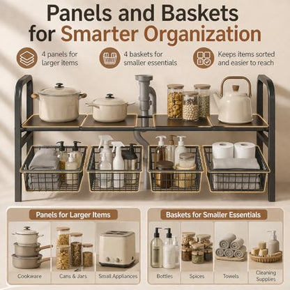 2 Tier Expandable Under Sink Organizer, 26.8 to 35.8 Inches Wide Carbon Steel Rack, Heavy Duty Storage for Double Sink Cabinet, P-Trap and Disposal Friendly (White)
