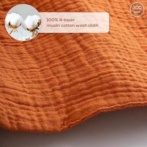 Muslin Baby Washcloths for Newborns, Pack of 8, 11"x11", Super Soft Cotton, Absorbent and Gentle, Baby Cotton Wipes, Baby wash Cloths - color: Rust and Jungle